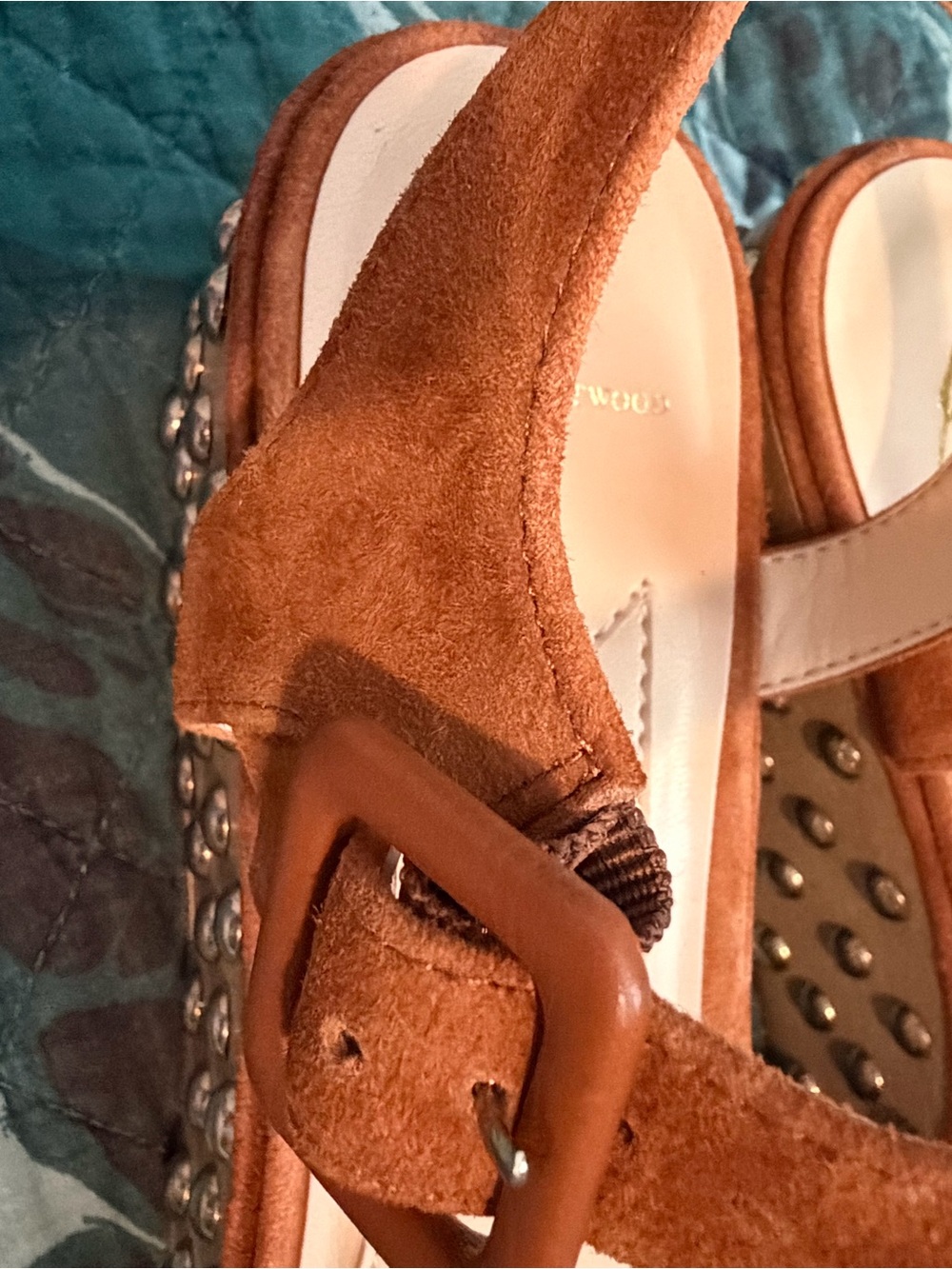Brian Atwood Brown Studded Suede Wedge Sandals with Ankle Buckle - Picture 3 of 8